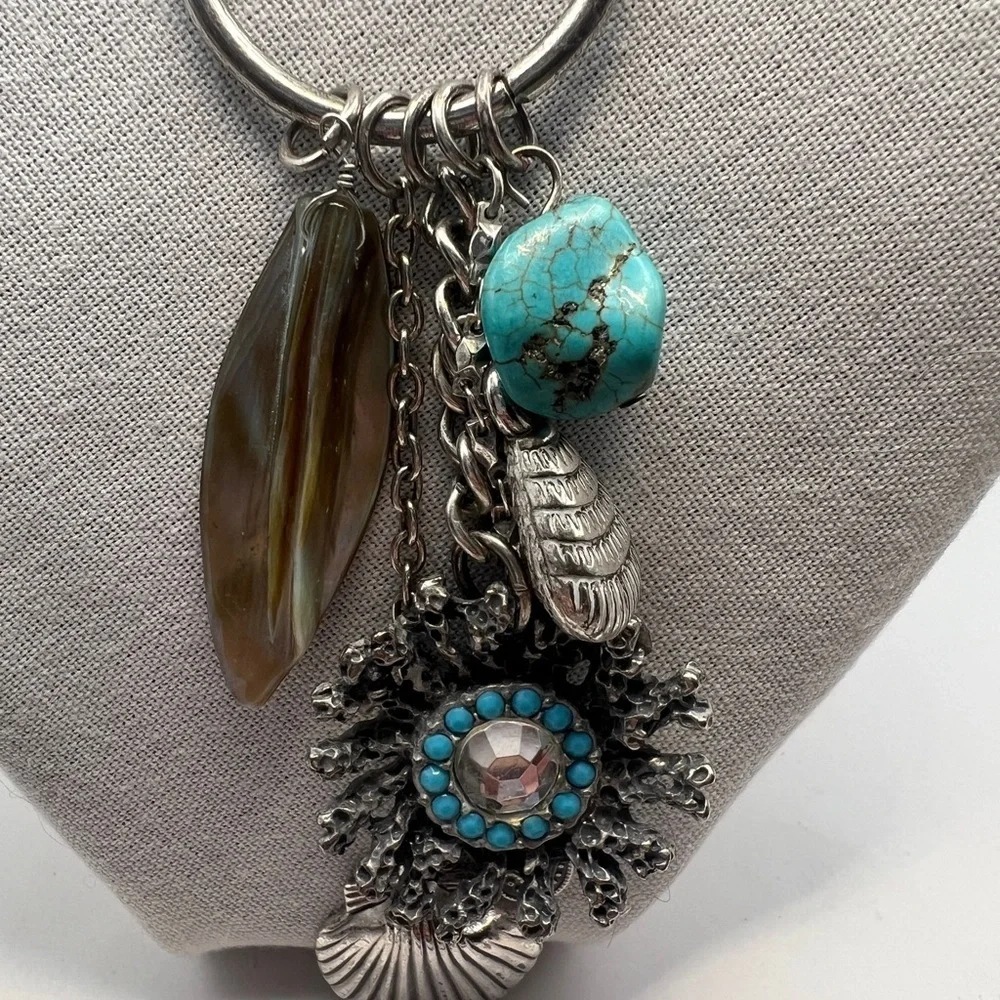 Chico's seahorse, jadeite, seashell long pendant silver tone necklace